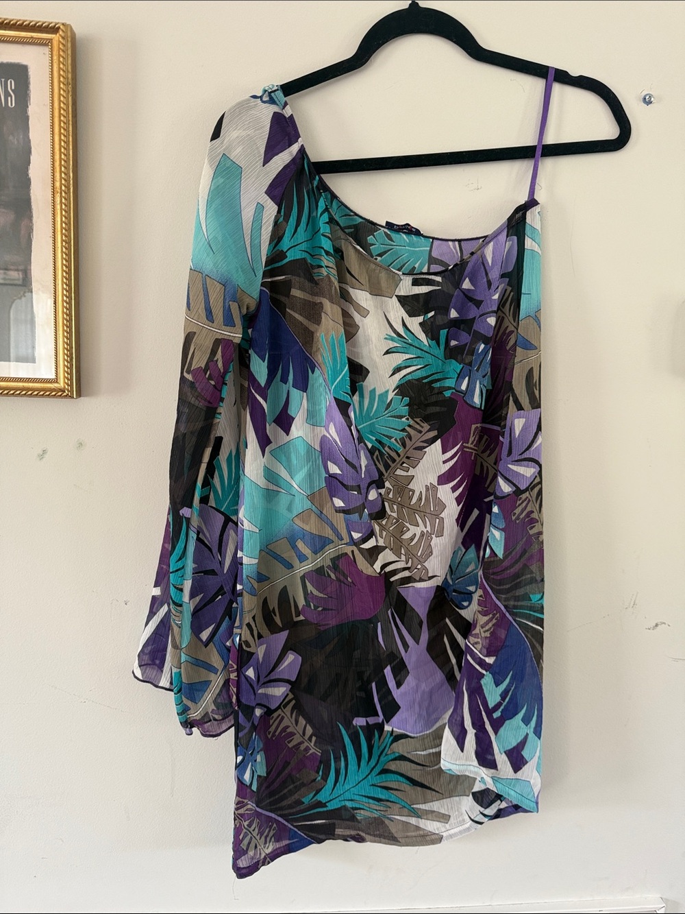 Asymmetrical One-Shoulder Tropical Print Blouse in Teal & Purple